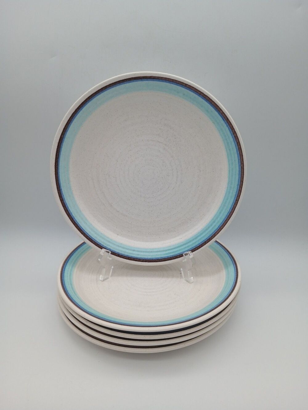 5 Vtg Franciscan Malibu Salad Luncheon Lunch Plates  Blue Brown Rings Stoneware
